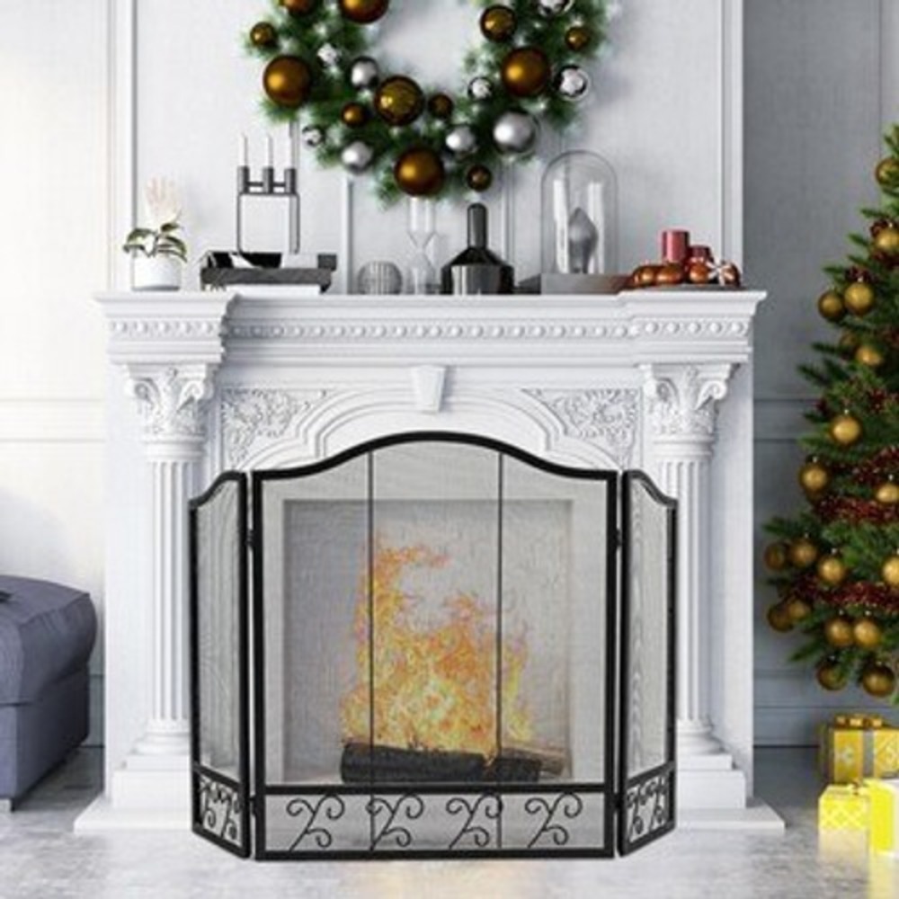 3-Panel Metal Mesh Fireplace Screen Whimsigoth Gothic Scroll 50x31in